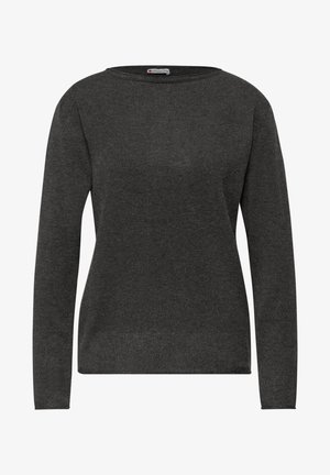 Tummanharmaa pitkähihaisen neulepuseron, joka on valmistettu pehmeästä, teksturoidusta kankaasta. Siinä on pyöreä pääntie ja istuva siluetti, jossa on resorikuviointia.