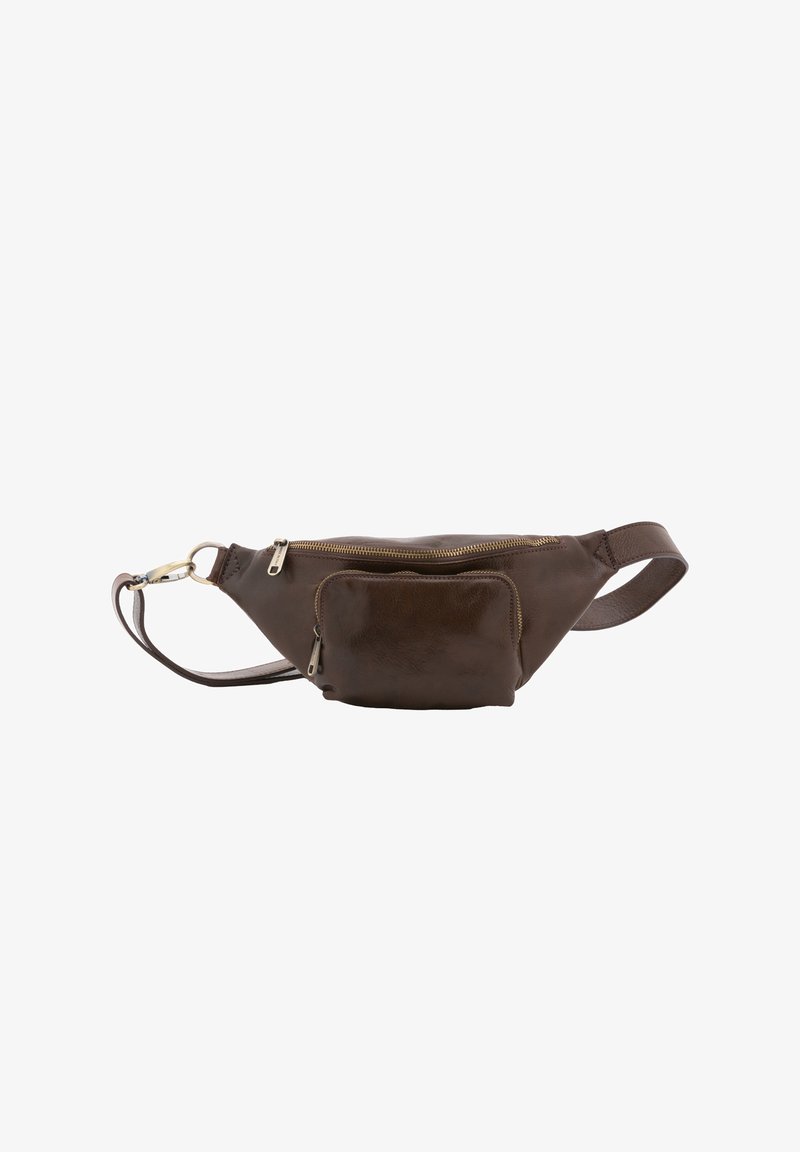 Marsupio in pelle marrone con un compartimento principale con zip e una tasca frontale più piccola con zip. Dotato di una cintura regolabile e di accessori in tonalità oro.