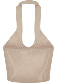 Béžový žebrovaný crop top s hlubokým výstřihem do V a širokými ramínky. Materiál je měkký a má bezšvový design pro pohodlí.