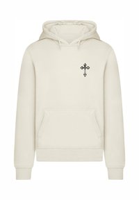 Beige hoodie made of soft fabric, featuring a front kangaroo pocket and a small black cross embroidery on the chest.