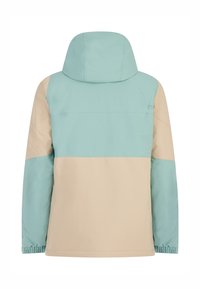 Leichte, zweifarbige Jacke mit einem oberen Teil in Mintgrün und einem unteren Teil in Beige. Sie verfügt über eine Kapuze, elastische Manschetten und eine glatte Textur.