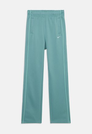 Teal treningbukser med en glatt tekstur, med en innsnevret design, elastisk midje og kontrasterende lysegrønn sidepiping.
