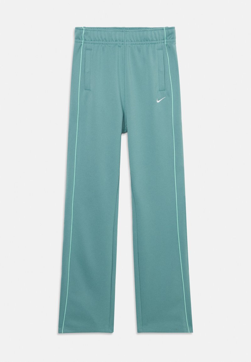 Pantalons de sport turquoise avec une texture lisse, dotés d'un design fuselé, d'une taille élastique et de garnitures latérales vert clair contrastantes.