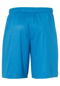Pantalones cortos deportivos azul de material suave y ligero, con cinturilla elástica y sin bolsillos ni patrones visibles.