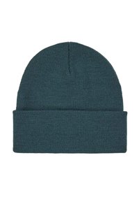 Cappello di maglia in blu scuro, con risvolto e design senza cuciture. Il materiale appare morbido e elastico con una texture a coste.