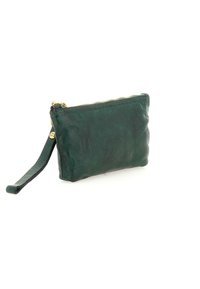 Borsetta da polso in pelle verde con finitura testurizzata, dotata di chiusura con zip dorata e cinturino in pelle abbinato per un facile trasporto.