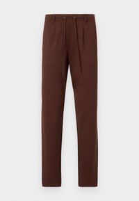 Brown trousers with a flat front, tapered legs, drawstring waist, and a smooth texture. Designed with two front pleats for added detail.