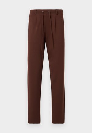 Brown trousers with a flat front, tapered legs, drawstring waist, and a smooth texture. Designed with two front pleats for added detail.