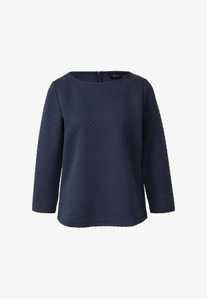 Marineblauw top met lange mouwen, voorzien van een getextureerd, doorgestikt patroon, ronde hals en een rits aan de achterkant. Zachte stof, licht losvallende pasvorm.