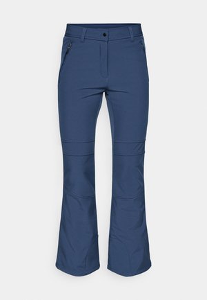 Pantaloni evazați de culoare bleumarin, confecționați dintr-un material neted, elastic, având buzunare frontale cu fermoar și cusături distinctive pentru un detaliu suplimentar.