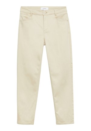Beige straight-leg pants with front pockets, belt loops, and a button closure, laid flat on a white background.