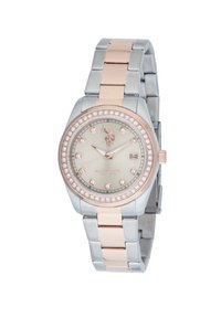 Orologio argento e rosa con cassa rotonda, accenti di cristallo, quadrante beige e bracciale a maglie metalliche. Presenta una visualizzazione della data e un dettaglio del logo.