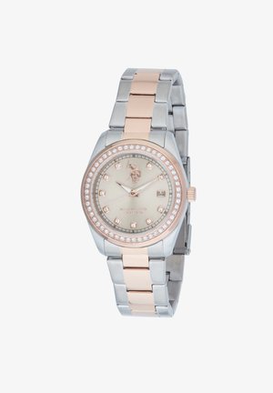 Rose gold and silver metal watch with a circular face, crystal accents, numerals, and date display at 3 o'clock. Features a linked bracelet.