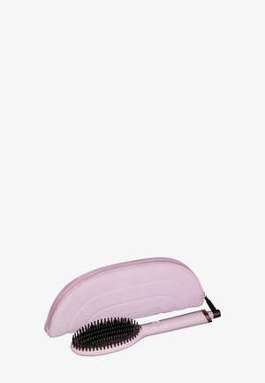 Rosa Haarbürste mit schwarzen Borsten und einem glatten Griff, begleitet von einem passenden, weichen, rosa Reißverschlussetui. Kompaktes Design für eine einfache Aufbewahrung.