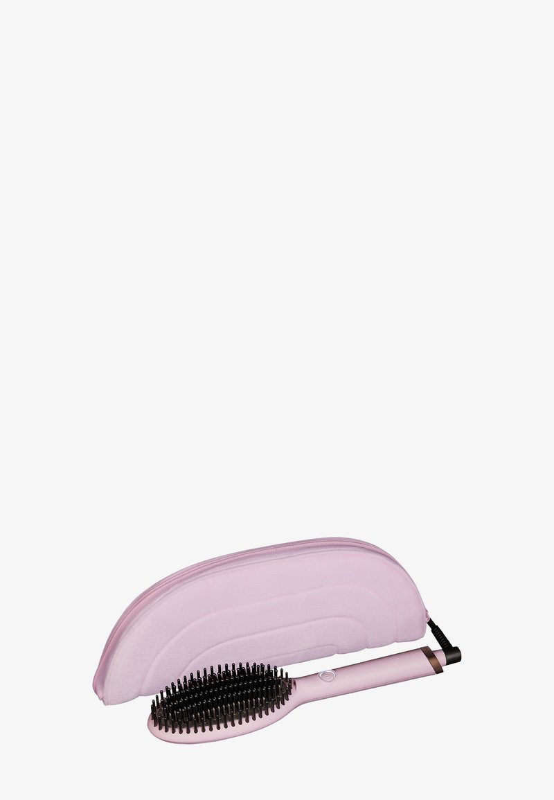 Rosa Haarbürste mit schwarzen Borsten und einem glatten Griff, begleitet von einem passenden, weichen, rosa Reißverschlussetui. Kompaktes Design für eine einfache Aufbewahrung.