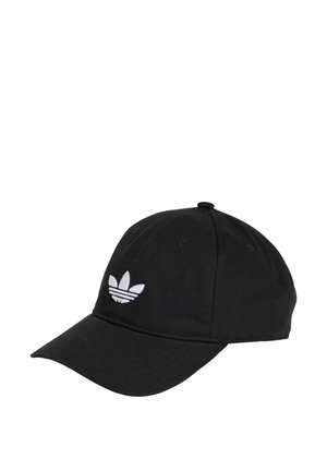 Black baseball cap with white Adidas trefoil logo embroidered on front, featuring curved brim and six-panel design.