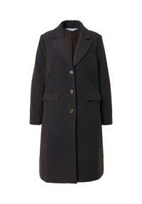 Donkerbruin tweed jasje met een herringbone patroon, enkelvoudige knoopsluiting, met notch revers, twee voorzakken en vijf knopen.