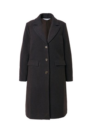 Donkerbruin tweed jasje met een herringbone patroon, enkelvoudige knoopsluiting, met notch revers, twee voorzakken en vijf knopen.