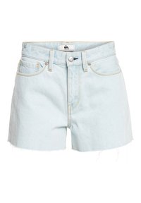 Ljusblå denimshorts med fransad nederkant, visade med en klassisk femficksdesign och knäppning. Sömnadsdetaljer i gult.