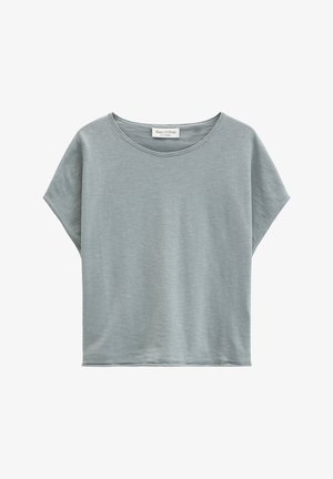 Jasnoszara bawełniana koszulka z krótkim rękawem, okrągłym dekoltem i luźnym krojem, pokazana na płasko na białym tle.