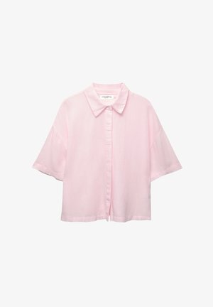 Rövid ujjú, galléros ing világos rózsaszín anyagból. Gombos elülső részével, laza fazonú és puha tapintású.