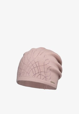Roze gebreide beanie met een zachte textuur, voorzien van een metallic draadpatroon over het oppervlak en een klein merkje aan de zijkant.