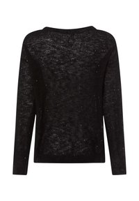 Schwarzer, leichter Pullover mit lockerem Strickdesign und dezenten, glänzenden Akzenten, weitem Rundhalsausschnitt und langen Ärmeln.