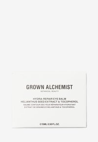 Witte doosverpakking met het label "Grown Alchemist" in zwarte tekst, met productdetails en botanische ingrediënten. 15 ml formaat.