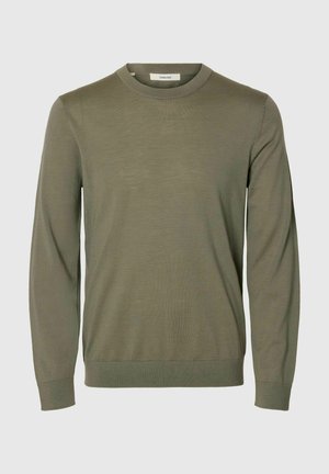 Oliivinvihreä pitkähihainen pyöreäkauluksinen neule kevytkankaasta, jossa resorit hihansuissa ja helmassa, sileä pinta ja minimalistinen muotoilu.