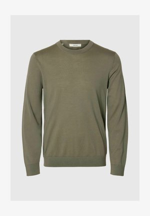 Oliivinvihreä pitkähihainen pyöreäkauluksinen neule kevytkankaasta, jossa resorit hihansuissa ja helmassa, sileä pinta ja minimalistinen muotoilu.