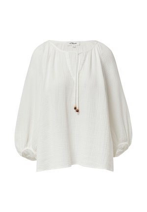 Weiße, leichte Bluse mit lockerer Passform, V-Ausschnitt, gerafften Ärmeln und dekorativen Perlen an einem Band. Aus strukturiertem Stoff gefertigt.