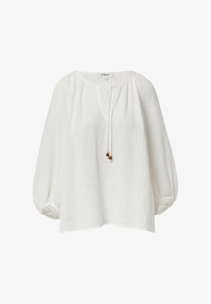 Weiße, leichte Bluse mit lockerer Passform, V-Ausschnitt, gerafften Ärmeln und dekorativen Perlen an einem Band. Aus strukturiertem Stoff gefertigt.