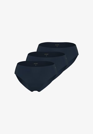 Trois slips noirs sans coutures avec ceinture à logo, taille moyenne, disposés en rangée décalée sur fond blanc.