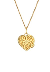Guldfarvet hjerteformet locket med intrikate sammenflettede designs, der har en hængslet åbning og en lille hjerteindgravering på den ene side.