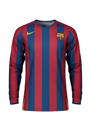 Maillot de football à manches longues avec des rayures verticales rouges et bleues, logo Nike jaune sur le côté droit de la poitrine, et un blason du club sur le côté gauche de la poitrine.