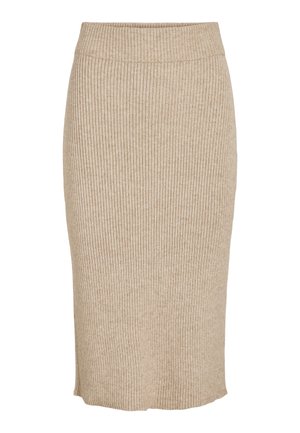 Gebreide rok in een lichtbeige kleur met een verticale ribstructuur, knie lengte met een elastische tailleband en een rechte snit.