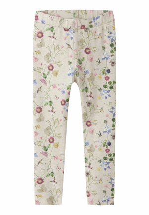 Leggings pour enfants beiges avec un imprimé coloré de fleurs, papillons et colibris, dotés d'une ceinture élastique.