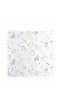 Baumwollbabydecke mit einem weichen weißen Hintergrund, der ein verspieltes Tiermotiv in Grau, Gelb und Hellblau zeigt. Strukturiertes Karomuster sichtbar.
