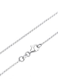 Sterling sølv kædedesign med runde led, en krabbe-lukning og en poleret overflade, måler cirka 45 cm i længden.