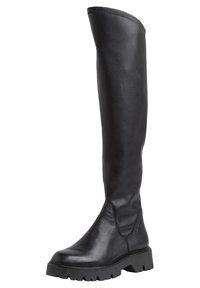 Botas de cuero negras sobre la rodilla con una superficie texturizada, suela de goma gruesa con un dibujo resistente y un diseño ajustado en el tobillo.