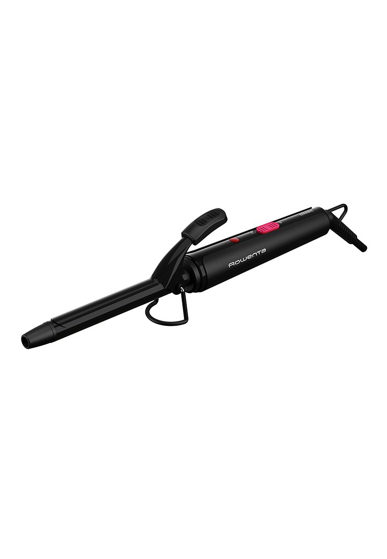 Fer à friser noir avec un baril en céramique, doté d'un clip articulé, d'un bouton d'alimentation et d'une boucle pour accrocher. La poignée est texturée pour une meilleure prise en main.