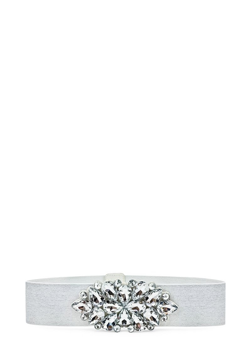 Cintura elastica bianca con un grande cluster centrale di strass trasparenti a forma di goccia e taglio rotondo che formano un motivo floreale.