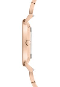 Roze gouden horloge met een slank profiel, roestvrijstalen achterkant en gedetailleerde kroon. Beschikt over een geschakelde band en een glad, gepolijst oppervlak.