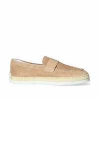 Scarpa slip-on in suede marrone chiaro con suola piatta in espadrille, caratterizzata da una fascia larga sulla parte superiore e dettagli intrecciati lungo la suola.