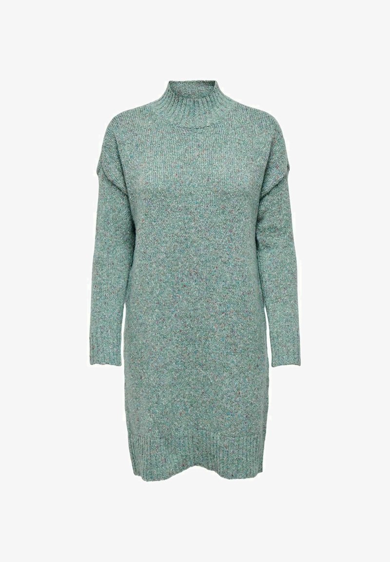 Robe pull tricotée à manches longues en bleu-vert doux avec col montant côtelé, poignets et ourlet, présentée à plat sur fond blanc.