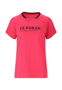 Vaaleanpunainen urheilupaita, joka on valmistettu sileästä kankaasta, mustalla kauluksella ja lyhyillä hihoilla. Etupuolella on "FZ FORZA" -logo.