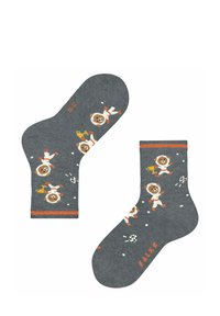 Graue Baumwollsocken mit verspielten Astronauten-Hundemustern, orangefarbenen Akzenten und einem gerippten Bündchen. Enthält Motive von Fußbällen und Raketen.