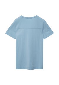 Lichtblauw T-shirt met korte mouwen van zachte katoen. Heeft een ronde halslijn en een horizontale naad over de bovenrug.