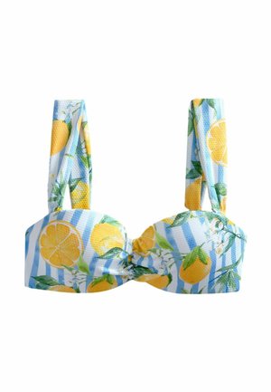 Haut de bikini à motifs de citrons avec des rayures bleu clair. Le tissu texturé présente un centre torsadé et de larges bretelles pour un bon maintien.