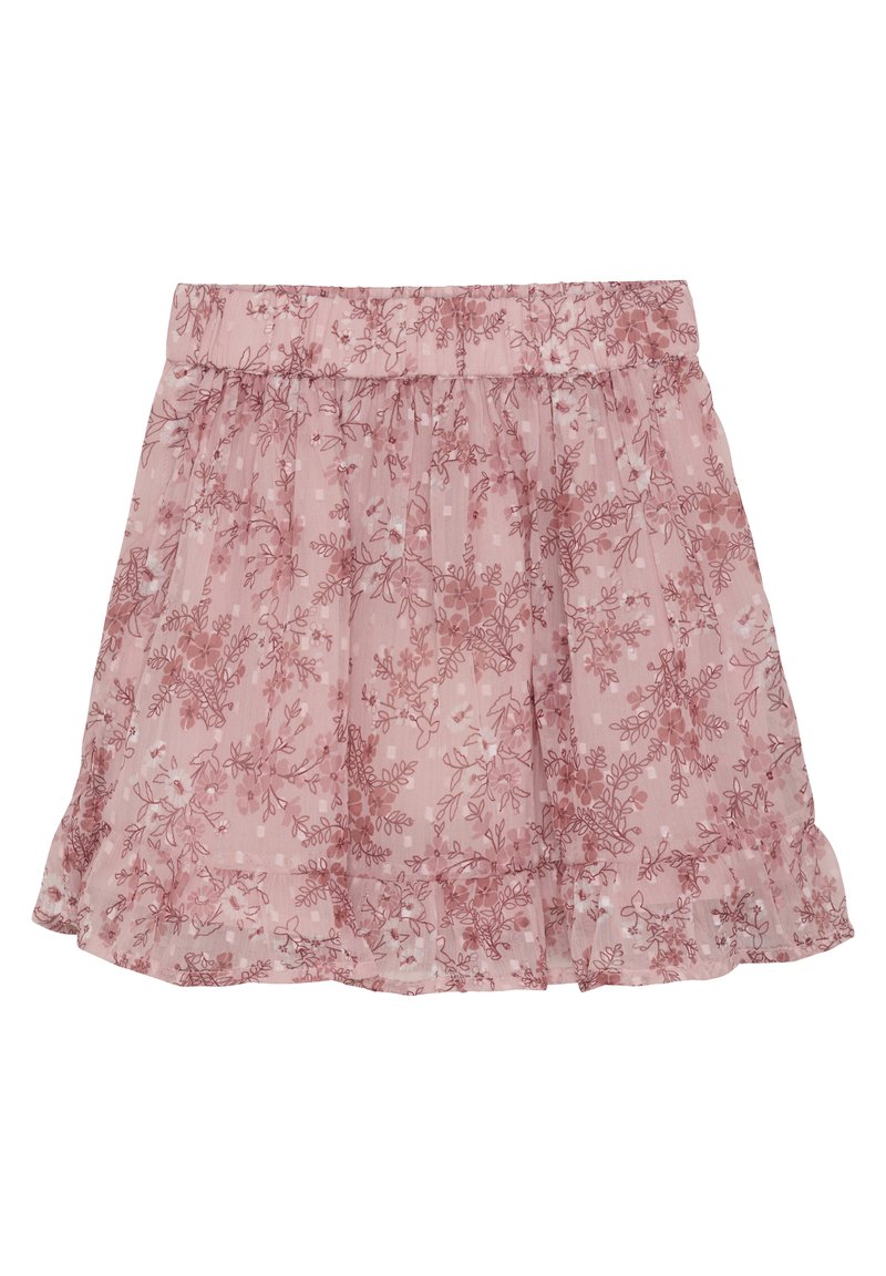 Rosa blommig kjol gjord av lätt, genomskinlig tyg. Har ett elastiskt midjeband och lager av volanger vid fållen. Fint botaniskt mönster.